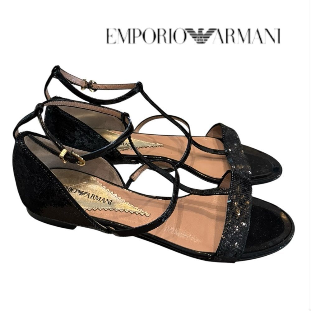 Emporio Armani Italian Women's Ankle Strap Black Sequin Sandals 37 6